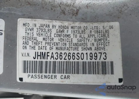 2006 Honda Civic Hybrid from USA, damaged, VIN JHMFA36266S019973